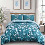 DJY Teal Botanical Comforter Set King, 3 Pieces Blue Leaves Comforter for King Size Bed Reversible Floral Bed Comforter Set Soft Microfiber Bedding Set for All Season