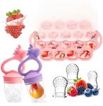 Baby Fruit Food Feeder Breastmilk Popsicle Molds for Teething Relief, Introduce New Foods, Silicone Freezer Tray with Lid, Includes 6 Food Pacifiers (Pink & Purple)