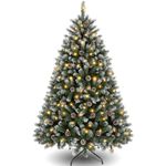 Himimi Pre-lit Christmas Tree 6ft, Artificial Xmas Tree with Warm White LED Lights, Snow Accents & Pine Cones Decor, Bushy 1000 Tips, Green Fir Branches, Metal Stand, Home Office Christmas Decorations