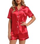 Finvizo Womens Silk Satin Pyjamas Set: Ladies Pajamas Short Sleeve Bride Pj Set Two-piece Sleepwear Silky Button-down Nightwear Soft Loungewear Sets, Red M