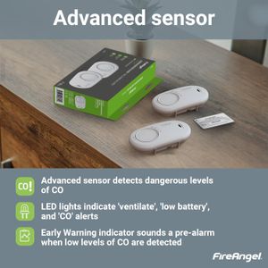 FireAngel Carbon Monoxide Detector 2-Pack – 10-Year Sealed Battery, Portable CO Alarm, White