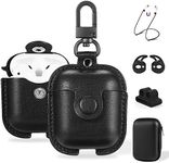 Maxjoy for AirPods Case Leather, AirPods 2nd Generation Case Leather AirPod 2 Gen Protective Cover with Keychain/Ear Hooks/Anti-Lost Straps/Watch Band Holder Compatible with Apple AirPod 2 1, Black