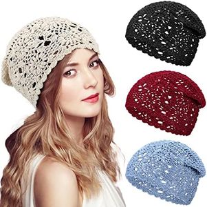 4 Pcs Crochet Slouchy Beanie Hat Fall Handmade Knit Floral Skull Cap Cotton Cutout Summer Hats for Women Lightweight Knitted, Black, One Size