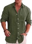 Coofandy Men's Casual Button Down Shirt Long Sleeve Linen Chambray Shirt, Army Green, Medium