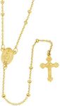 RP 14K Gold Polished Rosary Virgin Mary Miraculous Cross Religious 18" Necklace 1mm Bead 3" Drop Fine Jewelry Gift for Women