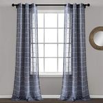 Lush Decor Farmhouse Textured Grommet Sheer Window Curtain Panel Pair, 95" Long x 38" Wide, Navy