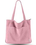 Prite Corduroy Tote Bag for Women Large Shoulder Bag with Zipper and Pockets for College School Work Travel Shopping (Pink)