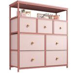 EnHomee Chest of Drawers, Pink Dresser with 7 Fabric Drawers for Girls, Tall Chest of Drawers Bedroom with Sturdy Steel Frame and 2 Layer Wooden Top for Wardrobe, Living Room, Closet, Pink