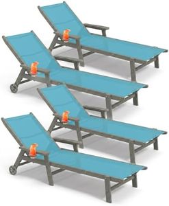 PLUUV HDPE & Textilene Outdoor Lounge Chairs Set of 4, Patio Chaise Lounge Chairs for Outdside with 5-Position Adjustable Backrest & Cup Holders & Wheels for Deck, Poolside -Lake Blue