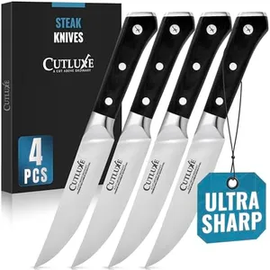 Cutluxe Steak Knives Set of 4, Straight Edge Steak Knife Set – Forged High Carbon German Steel, Full Tang, Ergonomic Handle Design – Artisan Series