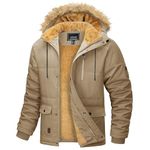 MAGCOMSEN Work Jackets for Men Winter Warm Breathable Coat Long Down Jackets Outdoor Windproof Coat Thermal Fleece Lining Jacket Walking Snow Wear Coats with Detachable Fur Hood, Khaki