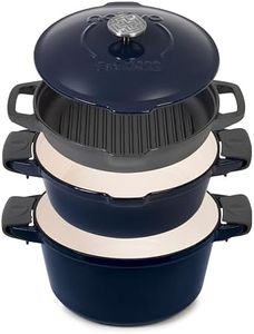 NATIVO 5 pc Stackable Cast Iron Cookware Set, Versatile Enamel Dutch Oven, Seasoned Grill Pan & Enamel Braiser with Precision Pour Spouts, Universal Lid, Included Spacers/Handle Holders, Midnight Blue Dutch Oven