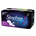 Stayfree Ultra Thin Overnight Pads with Wings, For Women, Reliable Protection and Absorbency of Feminine Moisture, Leaks and Periods, 28 count