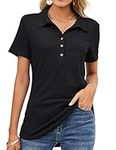 TFSDOD Womens Casual Polo T Shirts V Neck Short Sleeve Button Down Business Casual Tops Loose Work Blouses Black 2XL