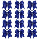 12 PCS 8" Large Glitter Cheer Bows Blue Girl Hair Bows Sparkly Cheerleading Softball Team Bow Hair Accessories for cheerleaders football Competition Sports