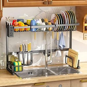 Over The Sink Dish Drying Rack, Meraif Adjustable (33.8" to 41.5") 2 Tier Stainless Steel Large Capacity Dish Drainer for Kitchen Counter Storage Organizer