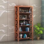 MoonWooden Solid Sheesham Wood Bookshelf with 5 Shelf Storage for Living Room Home Office Multipurpose Wooden Book Rack (Honey Finish)