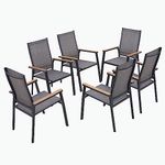 MFSTUDIO 6 PCS Aluminium Patio Dining Chairs Set,Textilene Outdoor Stackable Chairs with Wooden Armest for Garden, Poolside, Backyard,Grey