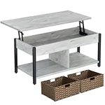 Rolanstar Coffee Table Lift Top, Coffee Table with Hidden Storage Compartment and 2 Rattan Baskets, 41.7" Retro Central Table with Wooden Lift Tabletop and Metal Frame for Living Room, Grey