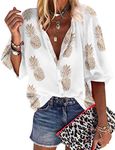 ZXZY Women Pineapple Printed Lapel Collar Half Sleeves Buttons Down Blouse Shirt (White, XX-Large)