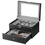 SortWise Watch Box Lockable 20 Mens Black Leather Large Display Glass Top Jewelry Storage Case Organizer with Metal Support, Drawer/Double Deck / 2 Tiers, Lock & Key