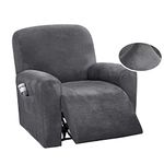 DSECHCRSL Velvet Recliner Chair Cover with Side Pocket, 4 Piece Non Slip Reclining Chair Cover, 1 Seat Stretch Recliner Cover Form Fitted Thick Soft Washable for Living Room, Pet, Kids,Grey