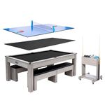 7FT 3-in-1 Pool Table with Dining Top & Table Tennis, Multi Game Billiard Table Set with HDF Wood Grain Finish, Includes Cues, Balls, Ping Pong Paddles and Rolling Storage Caddy