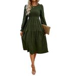 VECVOC Women's Fall Boho Long Sleeve Dresses Causal Smocked High Waist A Line Midi Dress 2024,Army Green,Small