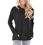 MYCDXE T-Shirts for Women, Casual Loose Crew Neck T-Shirt Black Top Girls Long Sleeve Shirts Casual Crew Neck Tunics Tops with Pockets