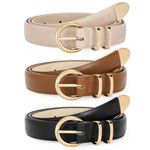 WERFORU 3 Pack Women's Skinny Leather Belts for Jeans Dress Ladies Vintage Waist Belt with Gold Silver Buckle,Black+Brown+Beige-GOLD,Fit Waist Size 26"-30"