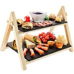 Slate Cake Stand Serving Board Premium Bamboo Rustic Slate Boards 2 Tier Foldable Rack Food Serving Tapas Sushi Appetiser Dishes Serving Tray Plates Platters (1 X Cake Stand)