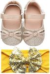 Lidiano Baby Girls Bowknot Sequins Bling Anti-Slip Mary Jane Flat Crib Shoes with Headband (6-12 Month Infant, Gold A)