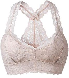 YIANNA Women Floral Lace Bralette Padded Breathable Sexy Racerback Lace Bra Bustier Crop Top Wirefree Lingerie, YA8332-Skin-L