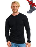 Merino Wool Base Layer - Mens 100% Merino Wool Long Sleeve Thermal Shirts Heavyweight + Wool Hiking Socks (Large, 320 Black)