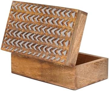 Mela Artisans Carved Arrow Wooden Box (Medium) - Light Burnt/Grey Decorative Box w/Felt Pads Underneath & Wooden Carving - Unique Handmade Mangowood Keepsake Storage Box for Jewelry - 7.5 x 4.5 x 3”