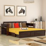 FURNESHO Sheesham Wood Foster 3-Person Sofa Cum Bed for Living Room Three Seater Sofa Bed for Home Sofa Com Bed Sheesham Wood | Walnut Finish,Yellow Cushion