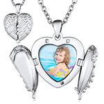 Custom4U Angel Wings Locket Necklace Personalised Silver Heart Shape Photo Pendant with Engraved Text Gifts for Women Mum