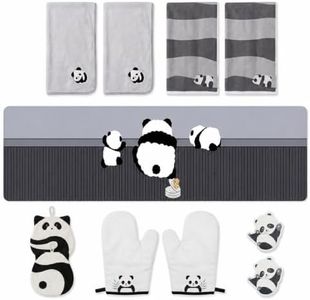 XENJULIFA 11 Pcs Cute Panda Kitchen Decor Set Black and White, Kitchen Accessories with Non Slip Silicone Rug, Cotton Dish Towels, Heat Resistant Oven Mitts and Sponges for Cooking Baking
