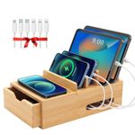 Bamboo Charging Station for Multiple Devices, Desk Charging Organizer with Drawer & Tray, Wood Docking Station Included 6 Cables, Compatible with Apple Devices, Cell Phone, Tablet (No USB Charger)