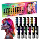 12 Hair chalks comb, 12 NEON & METALLIC hair chalk, Non-Toxic Easy Washable Hair Dye Colourful, METALLIC & NEON hair chalk -Perfect for Festivals, Halloween, Party, hair chalks for girls