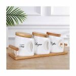 UNIVERSE LIGHTS Ceramic Tea,Coffee and Sugar Canister Set (White_750ml) Set of 3 Jar with Bamboo Base and ceramic spoons