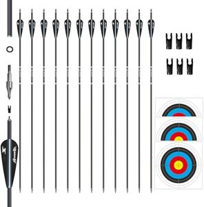 e5e10 31inch Carbon Arrow Archery Targeting Practice Hunting Arrows for Compound & Recurve Bow with Removable Tips (Pack of 12) (Black White)