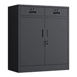 JINGUR Metal Storage Cupboard with Locking Doors and 2 Drawers, Lockable Storage Cabinet with Adjustable Shelf for Home Office and Garage (Black)