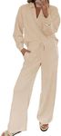 EVALESS Two Piece Sets for Women Fall 2024 Lounge Sets Casual Long Sleeve V Neck Sweatshirt and Wide Leg Sweatpants Sweatsuit Matching Sets Women Clothing Apricot XX-Large