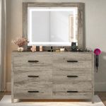 YITAHOME Vanity Desk with Lighted Mirror, 6-Drawer Dresser with Mirror, Makeup Vanity with Large Storage Unit, 3-Mode Light Strip for Bedroom, Dressing Table with Power Outlet, Grey Maple