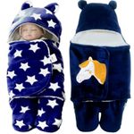 BRANDONN Baby Blankets New Born Combo Gift Pack of Wearable Flannel 0-6 Months Hooded Swaddle Wrapper Blanket, Navy Blue