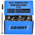 #10 x 2 1/2" Stainless Steel Wood Screws by Grindy (200pack/2.4LBS) - DIY Deck Screws for Cabinet, Furniture & Other Projects - Rust & Corrosion Resistant – for Indoor & Outdoor Use