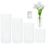 BENECREAT 4PCS Glass Cylinder Vase, 4 Styles Pillar Glass Vase Decorations, Clear Vase Tall Floating Candle Holder for Home Office Wedding Decoration, Display Decorations