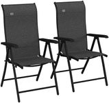 Outsunny Set of 2 Outdoor Wicker Folding Chairs, Patio PE Rattan Dining Armrests Chair set with 7 Levels Adjustable Backrest, for Outdoors, Camping, Grey