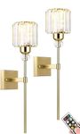 Modern Gold Wall Sconces Lighting Battery Operated Set of 2,No Wiring Rechargeable Wall Lights Fixture with Wireless Remote,Clear Glass Long Wall Lamp for Bedroom Bathroom Living Room Vanity Light (C